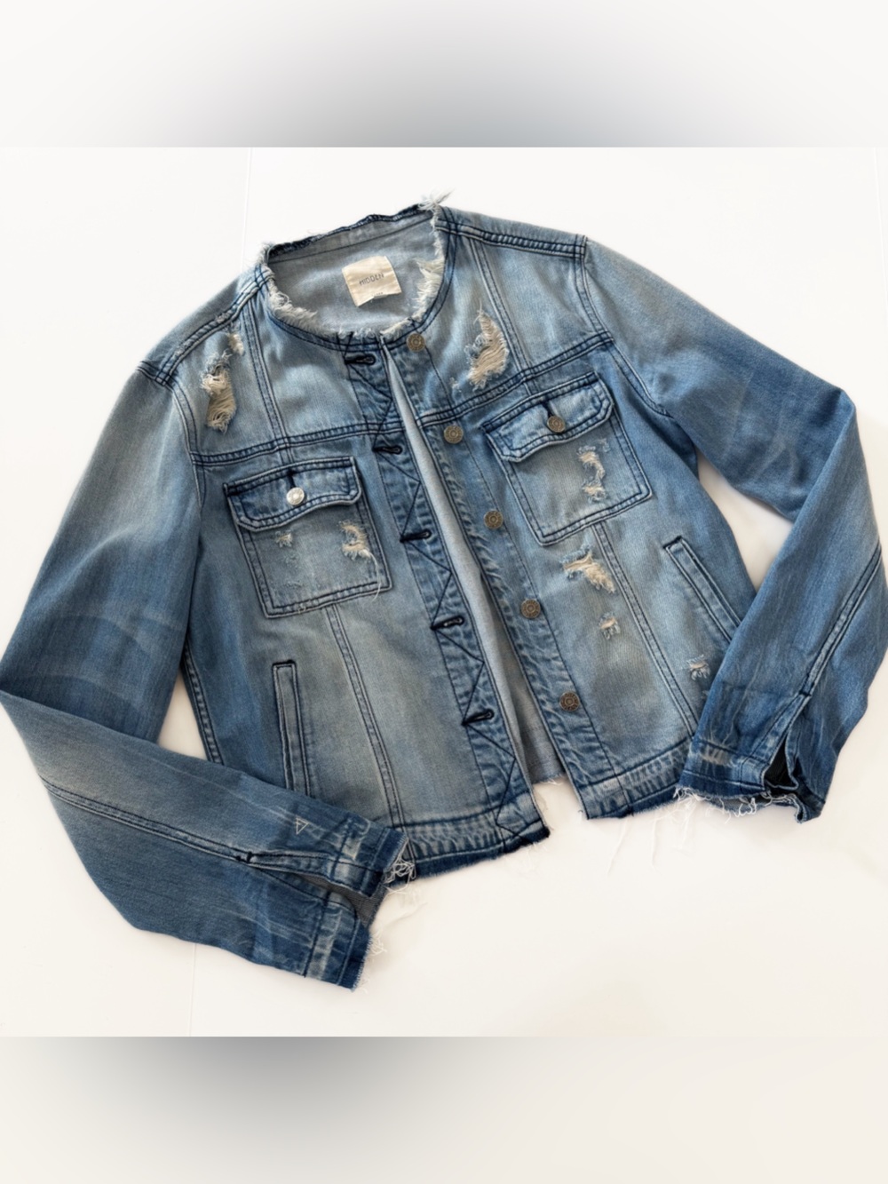 Hidden Jeans Jacket Womens Large Denim Raw Hem Distressed Stretch